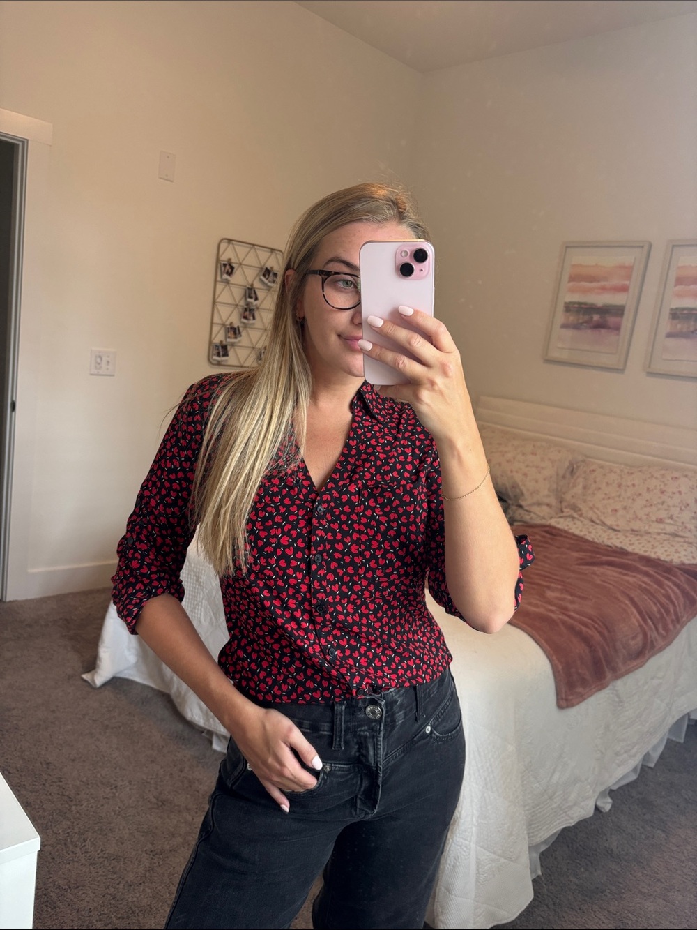 Express Women's Black and Red Printed Blouse